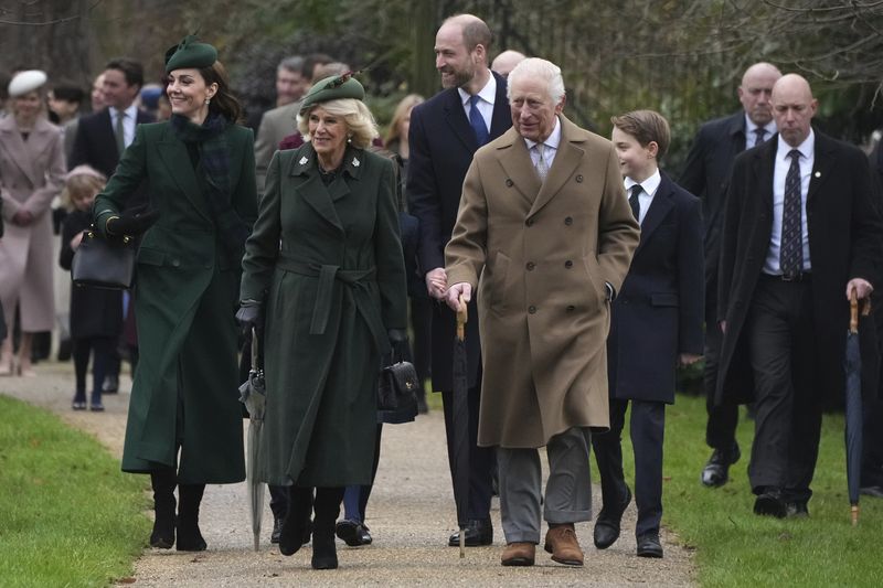 Kate, Princess of Wales with her eldest son Prince George leave after attending the Christmas day service at St Mary Magdalene Church in Sandringham in Norfolk, England, Wednesday, Dec. 25, 2024. (AP Photo/Jon Super)