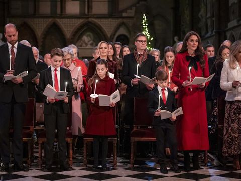 Britain's Prince Louis and Kate, the Princess of Wales, right, during the Together At Christmas carol service at Westminster Abbey, in London, Friday, Dec. 6, 2024. (Aaron Chown/Pool Photo via AP)