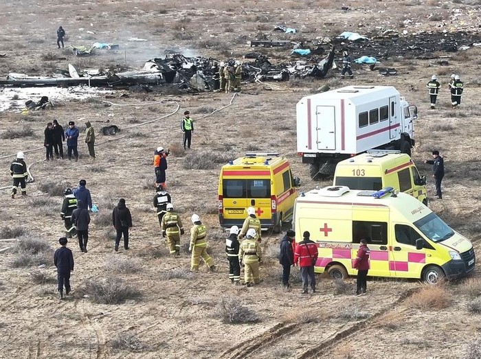 The wreckage of Azerbaijan Airlines Embraer 190 lays on the ground near the airport of Aktau, Kazakhstan, Wednesday, Dec. 25, 2024. (AP Photo/Azamat Sarsenbayev)