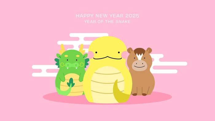 Chinese zodiac animals dragon snake and horse. Lunar new year 2025 greeting card, year of the snake cute cartoon card illustration.