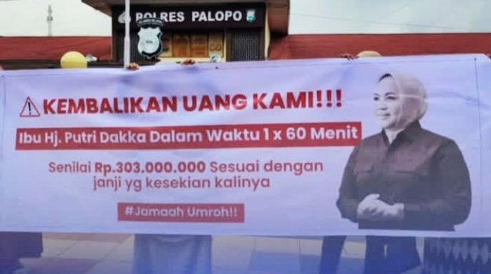 Warga laporkan Putri Dakka ke Polres Palopo terkait kasus penipuan umrah subsidi.