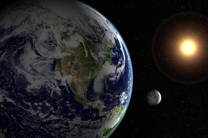 Ilustrasi bumi, bulan, dan matahari di luar angkasa