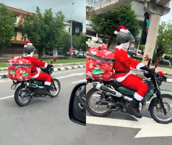 Keren! Ojol Meriahkan Natal, Antar Makanan Pakai Kostum Santa Claus