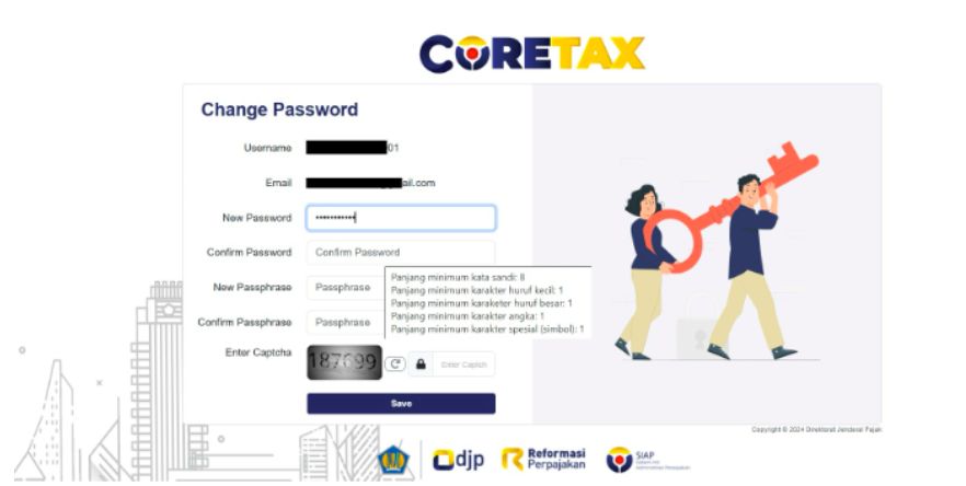 Tampilan pengisian kata sandi baru dan passphrase. (Dok. pajak.go.id)