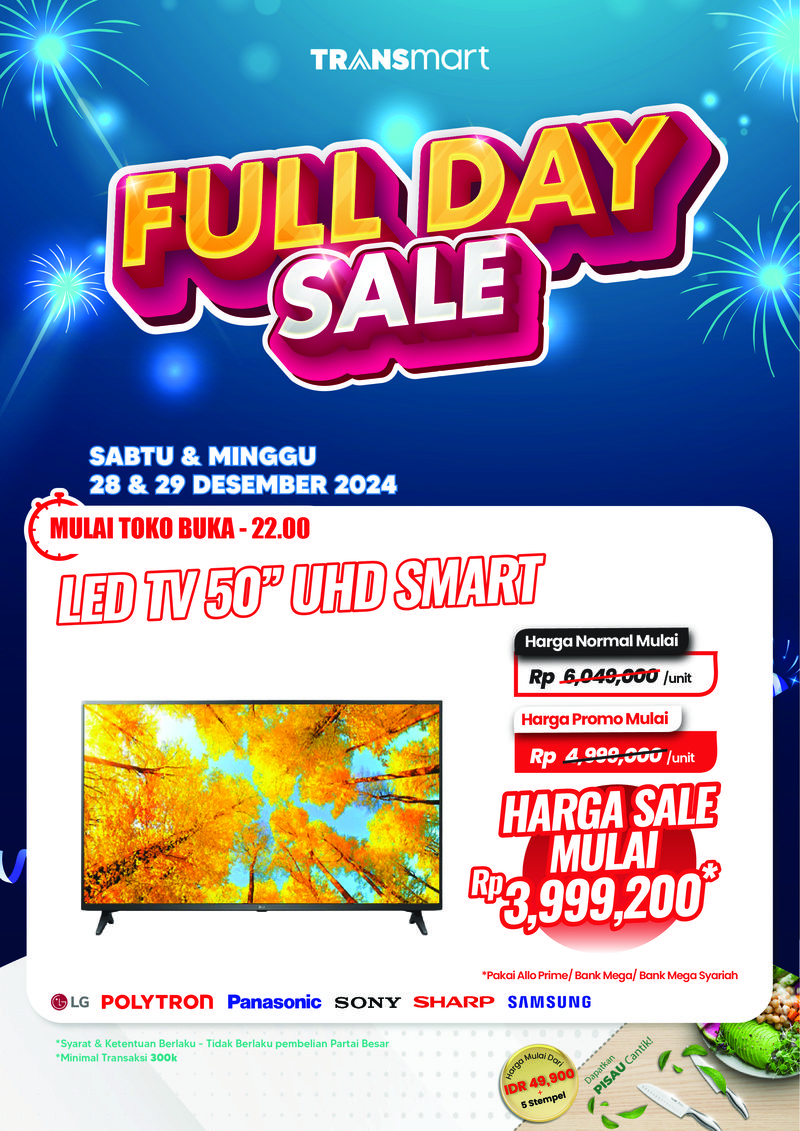 Transmart Full Day Sale kembali hadir Minggu, 29 Desember 2024. Berbagai promosi menarik hadir untuk para pelanggan setia Transmart, yang mana salah satunya ialah TV LED.