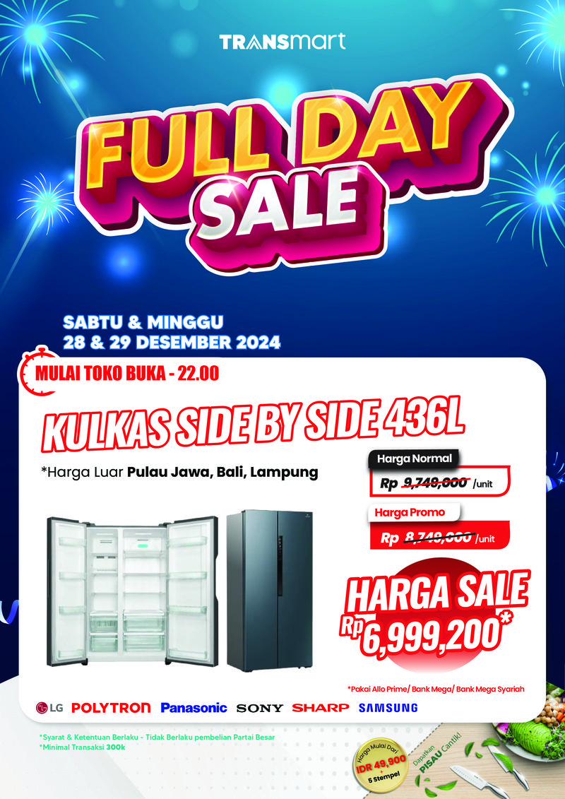 Transmart Full Day Sale kembali hadir hari ini, Minggu, 29 Desember 2024. Beragam promosi menarik disuguhkan untuk memenuhi kebutuhan pelanggan setia Transmart.
