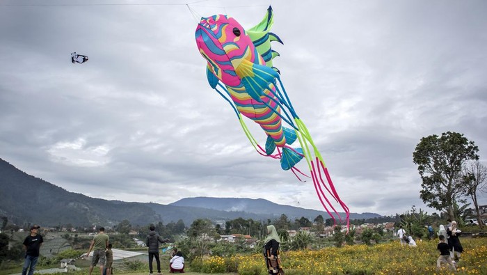 Festival Layang-layang Hiasi Langit Bandung Barat Wisatawan melihat layang-layang yang diterbangkan saat Festival Layang-layang di objek wisata Tepi Gunung Nature Park, Cisarua, Kabupaten Bandung Barat, Jawa Barat, Minggu (29/12/2024). Acara yang menampilkan puluhan layang-layang tersebut sebagai upaya pelestarian permainan layang-layang serta menjadi daya tarik pariwisata di Kabupaten Bandung Barat pada masa libur Natal dan Tahun Baru 2025. ANTARA FOTO/Abdan Syakura/agr/YU