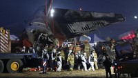Pesawat Jeju Air itu hancur dan hanya menyisakan ekornya saja. AP Photo/Ahn Young-joon 