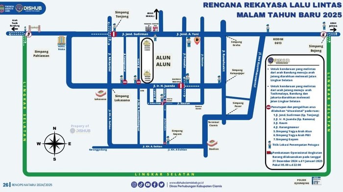Denah rencana rekayasa lalu lintas di Ciamis pada malam Tahun Baru 2025.