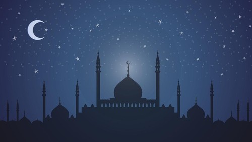 Skyline with minarets and domes at night