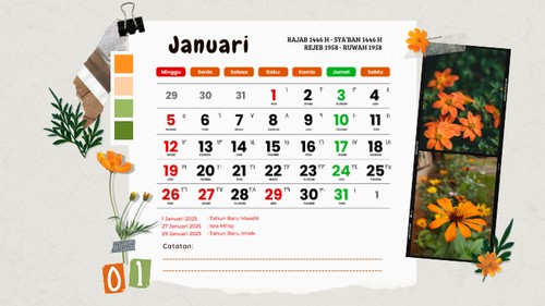 Kalender Januari 2025: Masehi, Hijriah, dan Weton.