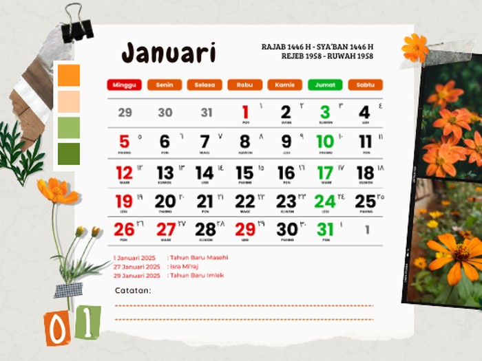 Kalender Januari 2025: Masehi, Hijriah, dan Weton.