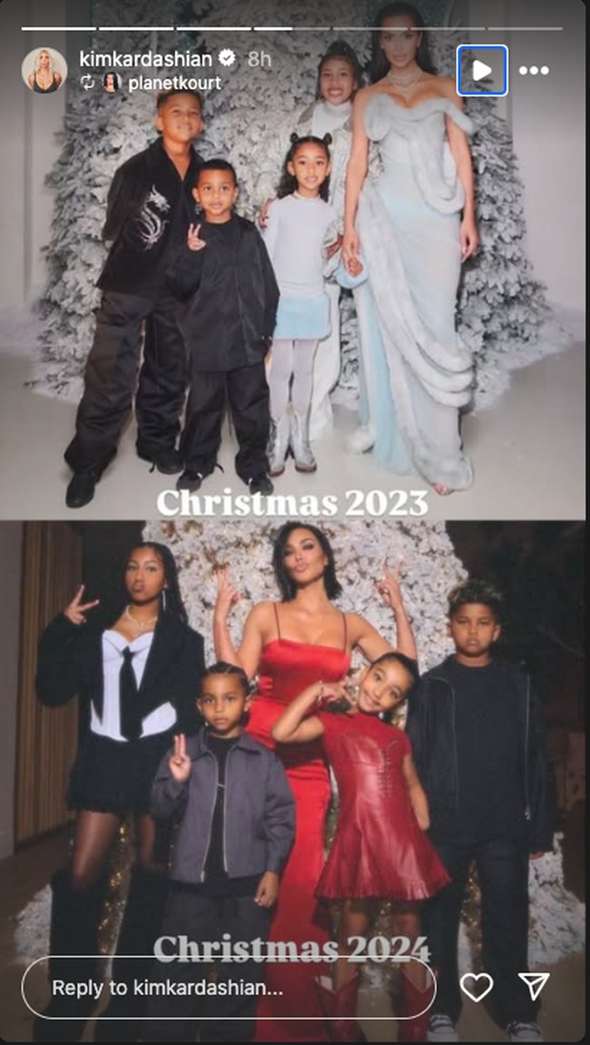 Dalam postingan Instastory, Kim membandingkan foto keluarga tahun lalu dengan tahun ini. Banyak orang berkomentar, anak-anak Kim tampak sudah tumbuh besar dalam waktu satu tahun. Foto: Instagram