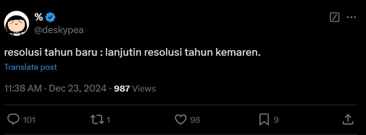 Resolusi 2025 versi Netizen +62, Relate Banget Sih Sebentar lagi kita menyongsong tahun baru 2025. Sudah siapkan resolusi? Kalau belum, coba contek resolusi 2025 versi netizen +62. Kocak dan bikin nyengir.