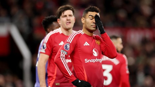 MANCHESTER, ENGLAND - DECEMBER 30: Casemiro of Manchester United looks dejected during the Premier League match between Manchester United FC and Newcastle United FC at Old Trafford on December 30, 2024 in Manchester, England. (Photo by Carl Recine/Getty Images)