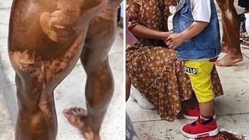 Bikin ngakak aja nih, bagian paha binaragawannya yang dilumuri minyak ada jiplakan muka bocah. Foto: Kids in Predicaments