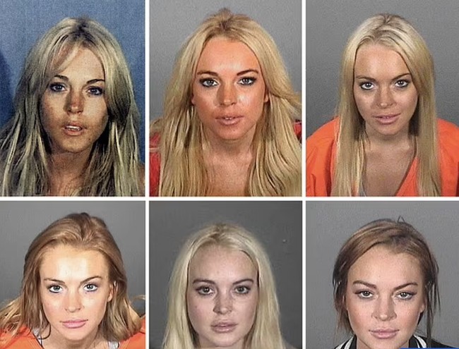 Masuk usia 20-an, Lindsay menghadapi masa sulit dengan masalah hukum dan kecanduan obat terlarang. Foto tahanan yang viral menunjukkan wajah yang lebih lelah, dengan kantong mata jelas dan kulit yang kusam. Periode ini dianggap sebagai masa tergelap dalam hidupnya.  Foto: dok. Getty Images