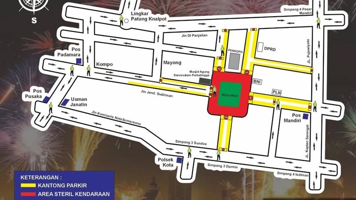 Skema rekayasa arus lalu lintas pada saat perayaan malam tahun baru di kompleks Alun-alun Purbalingga.