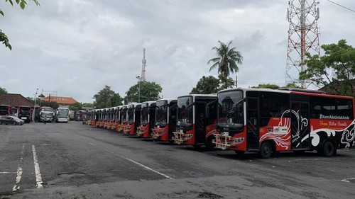 Puluhan bus Trans Metro Dewata berjajar di Terminal Ubung karena tidak beroperasi lagi per hari ini, Rabu (1/1/2025). (Rizki Setyo/detikBali)