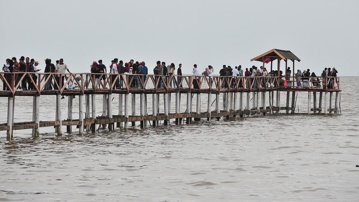 Geliat Wisata Hutan Bakau di Jambi Foto udara wisatawan berkunjung ke kawasan wisata hutan bakau Pangkal Babu di Tanjung Jabung Barat, Jambi, Rabu (1/1/2025). Obyek wisata alam di pesisir barat Provinsi Jambi itu telah dikunjungi 4.000 lebih wisatawan selama masa libur Natal dan Tahun Baru 2025. ANTARA FOTO/Wahdi Septiawan/Spt.