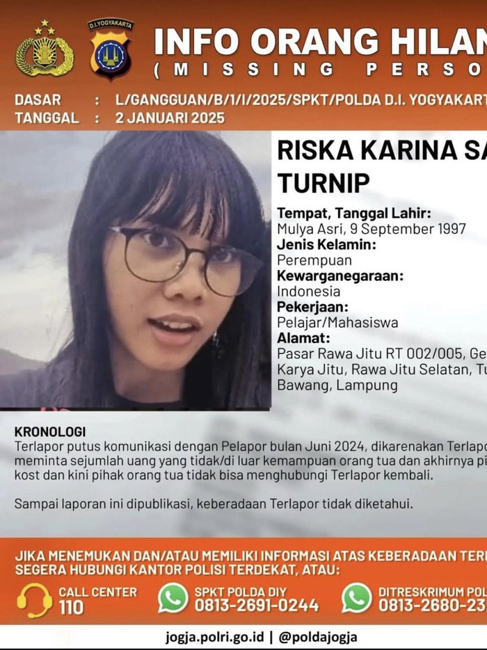 Polda DIY merilis info orang hilang atas nama Riska Karina. Dia diketahui menghilang sejak Juni 2024. Foto diunggah Kamis (2/1/2025).