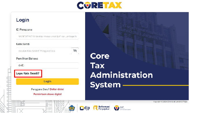 Tampilan login Coretax sistem pajak baru berlaku 1 Januari 2025.