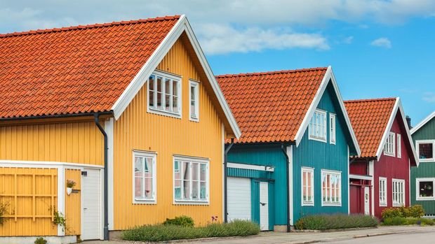Ancient colorful wooden houses in the city of Karlskrona, Sweden