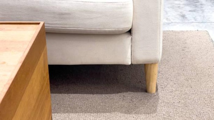 Sofa and wooden coffee table on carpet