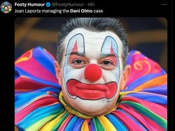 Presiden Joan Laporta menjadi bulan-bulanan karena masalah ini. Orang nomor 1 di Blaugrana itu dicap tak becus memimpin klub seperti badut. (Foto: Twitter @FootyHumour)