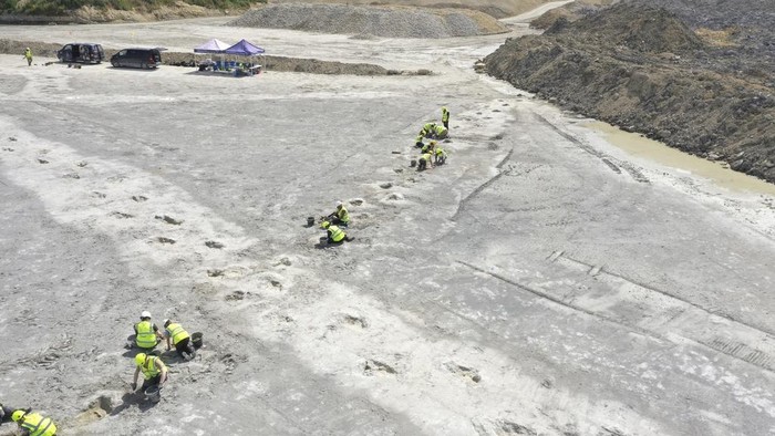 In this undated photo provided by the University of Birmingham on Thursday, Jan. 2, 2025, work underway as five extensive trackways that formed part of a “dinosaur highway” are uncovered, at Dewars Farm Quarry in Oxfordshire, England. (University of Birmingham via AP)