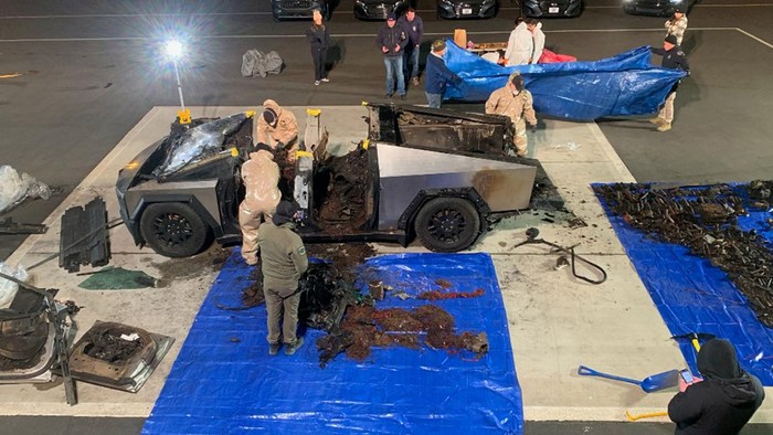 This undated photo, provided by the Las Vegas Police Department shows items found inside a Tesla Cybertruck involved in an explosion outside the Trump Hotel in Las Vegas. (Las Vegas Police Department via AP)