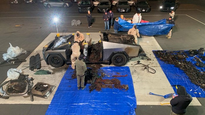 This undated photo, provided by the Las Vegas Police Department shows items found inside a Tesla Cybertruck involved in an explosion outside the Trump Hotel in Las Vegas. (Las Vegas Police Department via AP)