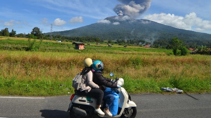 Erupsi Gunung Marapi erupsi keluarkan abu vulkanik Marapi di Pad Petani memanen cabe saat Gunung Marapi erupsi di Padang Panjang, Sumatera Barat, Sabtu (4/1/2024). Pos Pengamatan Gunung Api (PGA) Marapi mencatat, erupsi gunung yang berstatus Level II (Waspada) itu berlangsung sekitar pukul 09.43 WIB dengan durasi sekitar 1 menit 40 detik dengan tinggi kolom abu teramati kurang lebih 1.000 meter di atas puncak. ANTARA FOTO/Iggoy el Fitra/Spt.