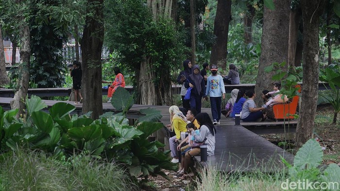 Anak-anak bermain di wahana yang tersedia di Tebet Eco Park, Jakarta Selatan, Minggu (5/1/2025). Taman seluas 7,3 hektar tersebut menjadi salah satu pilihan favorit warga Jakarta dan kota-kota sekitarnya untuk memanfaatkan libur Tahun Baru 2025 karena dapat diakses secara gratis, memiliki beragam wahana permainan dan suasana yang rindang dengan banyaknya pepohonan.