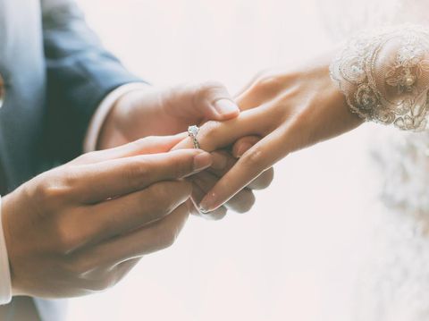 Couple wearing wedding ring at wedding day of them.
