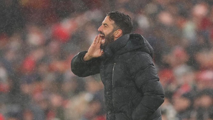 LIVERPOOL, ENGLAND - JANUARY 05: Ruben Amorim, Manager of Manchester United, reacts during the Premier League match between Liverpool FC and Manchester United FC at Anfield on January 05, 2025 in Liverpool, England. (Photo by Carl Recine/Getty Images)
