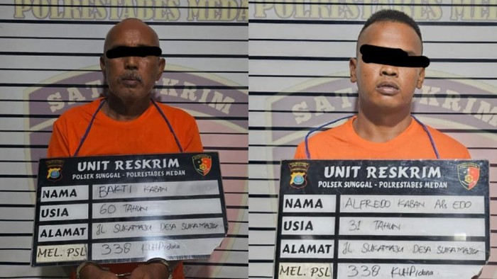 Kedua pelaku saat diamankan di kantor polisi. (Dok. Polsek Sunggal)