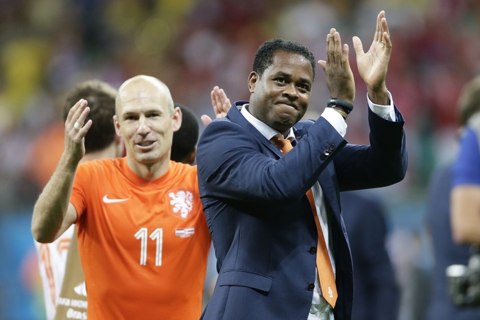 , BRAZIL - JULY 5: assistent trainer Patrick Kluivert of Holland celebrates the victory 

 during the  World Cup match between Holland  v Costa Rica  on July 5, 2014 (Photo by Laurens Lindhout/Soccrates/Getty Images)