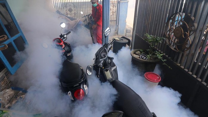 Petugas dari Dinas Kesehatan melakukan pengasapan (fogging) di Kelurahan Bawang, Kota Kediri, Jawa Timur, Selasa (7/1/2025). Fogging tersebut guna mengendalikan perkembangbiakan nyamuk Aedes aegypti yang telah mengakibatkan sedikitnya 17 warga Kota Kediri terkena chikungunya. ANTARA FOTO/Prasetia Fauzani/Spt.