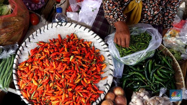 Sejumlah warga membeli cabai di Pasar Minggu, Jakarta, Selasa (7/01/2025). (CNBC Indonesia/Muhammad Sabki)