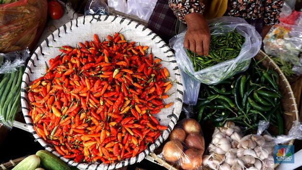 Sejumlah warga membeli cabai di Pasar Minggu, Jakarta, Selasa (7/01/2025). (CNBC Indonesia/Muhammad Sabki)