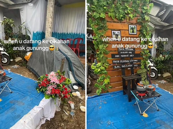 Video pernikahan pengantin yang hobi naik gunung, ada tenda kemah dan peralatan masak.