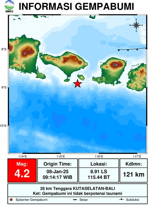 Indormasi gempa M 4,2 mengguncang Kuta Selatan, Badung, Bali. (Dok. BMKG)