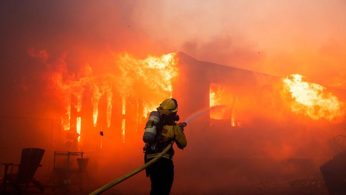 Kebakaran Hutan di Los Angeles Merembet ke Rumah Warga Firefighters work to extinguish the fire as the Palisades Fire burns during a windstorm on the west side of Los Angeles, California, U.S. January 7, 2025. REUTERS/Ringo Chiu