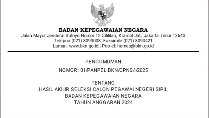 Pengumuman hasil seleksi CPNS 2024 di lingkup BKN.