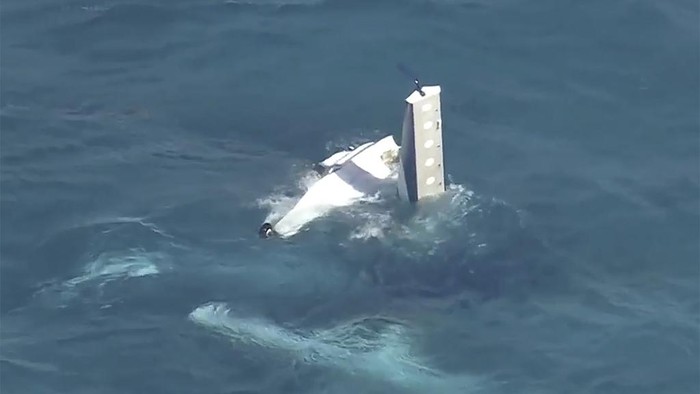 This video provided by Australian Broadcasting Corporation, Channel 7 and Channel 9, shows a fuselage in water off Rottnest Island, Australia Tuesday, Jan. 7, 2025 after a seaplane crashed. (AuBC/Channel 7/Channel 9 via AP)