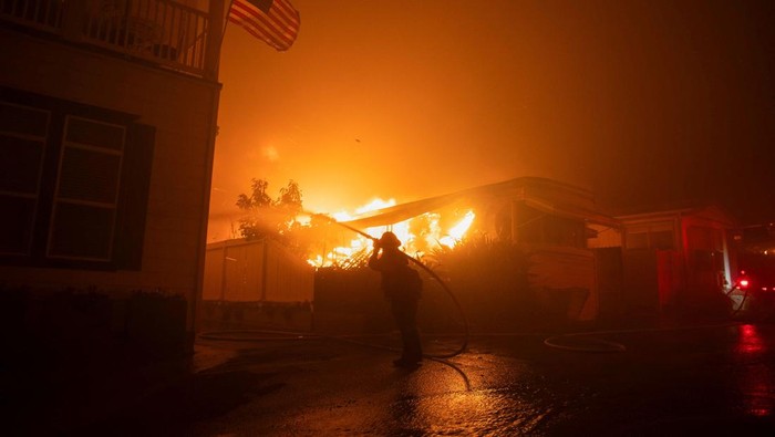 Potret Petugas Damkar Berjibaku Padamkan Kebakaran Hutan California Firefighters battle the Palisades Fire as it burns during a windstorm on the west side of Los Angeles, California, U.S. January 7, 2025. REUTERS/Ringo Chiu
