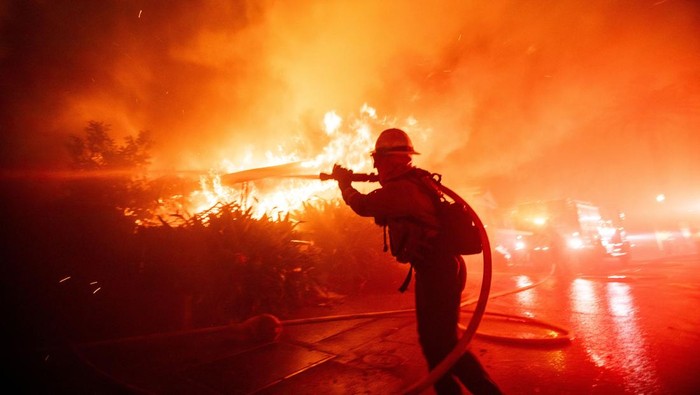 Potret Petugas Damkar Berjibaku Padamkan Kebakaran Hutan California Firefighters battle the Palisades Fire as it burns during a windstorm on the west side of Los Angeles, California, U.S. January 7, 2025. REUTERS/Ringo Chiu
