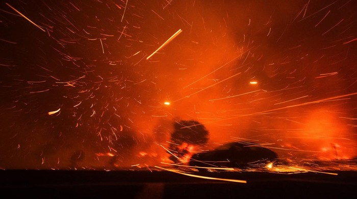 Potret Saat Bara Api Kebakaran Hutan Tertiup Angin Kencang A firefighter works to extinguish the fire as the wind whips embers during the Palisades Fire on the west side of Los Angeles, California, U.S. January 7, 2025. REUTERS/Ringo Chiu