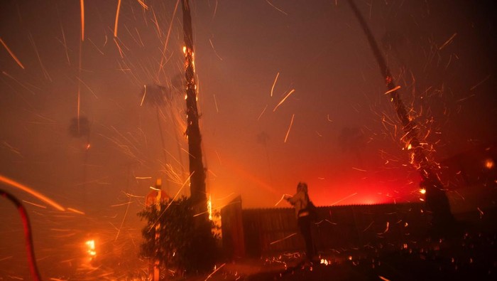 A firefighter works to extinguish the fire as the wind whips embers during the Palisades Fire on the west side of Los Angeles, California, U.S. January 7, 2025. REUTERS/Ringo Chiu